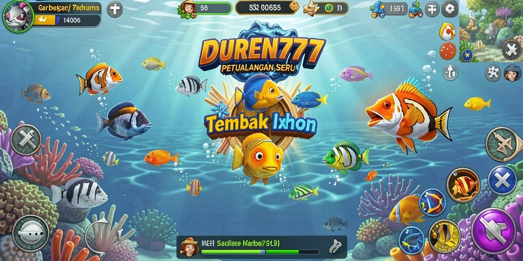 Tampilan gameplay seru dalam DUREN777 dengan menembak ikan di lautan.
