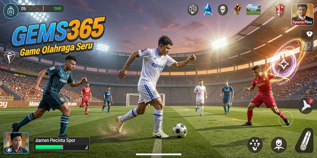 Screenshot utama GEMS365 menampilkan aksi seru permainan olahraga.