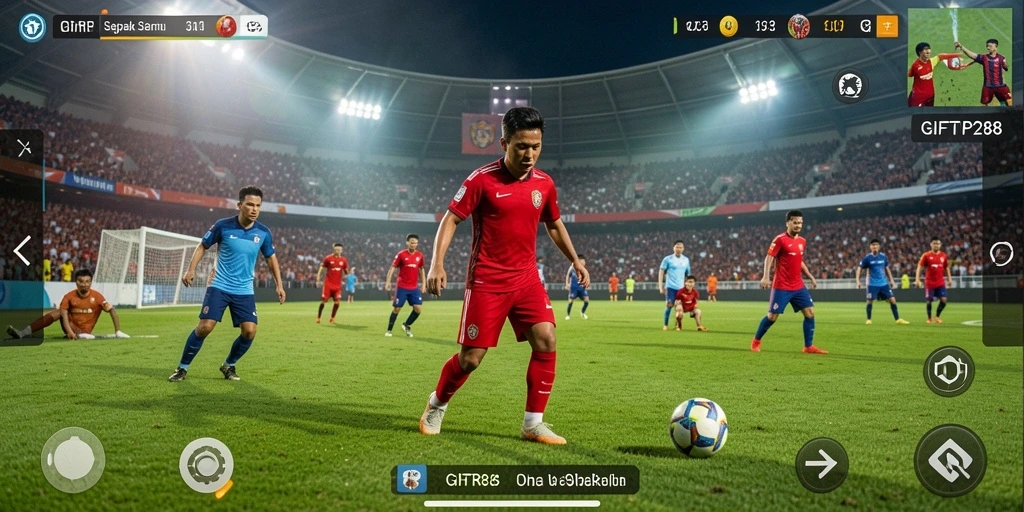 Tampilan gameplay menyenangkan di lapangan sepak bola dengan detail yang memukau.