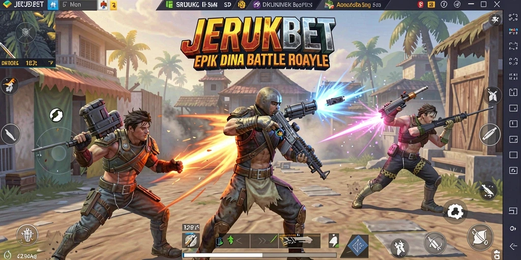 Tangkapan layar utama JERUKBET menunjukkan aksi pertempuran intens di arena Battle Royale.