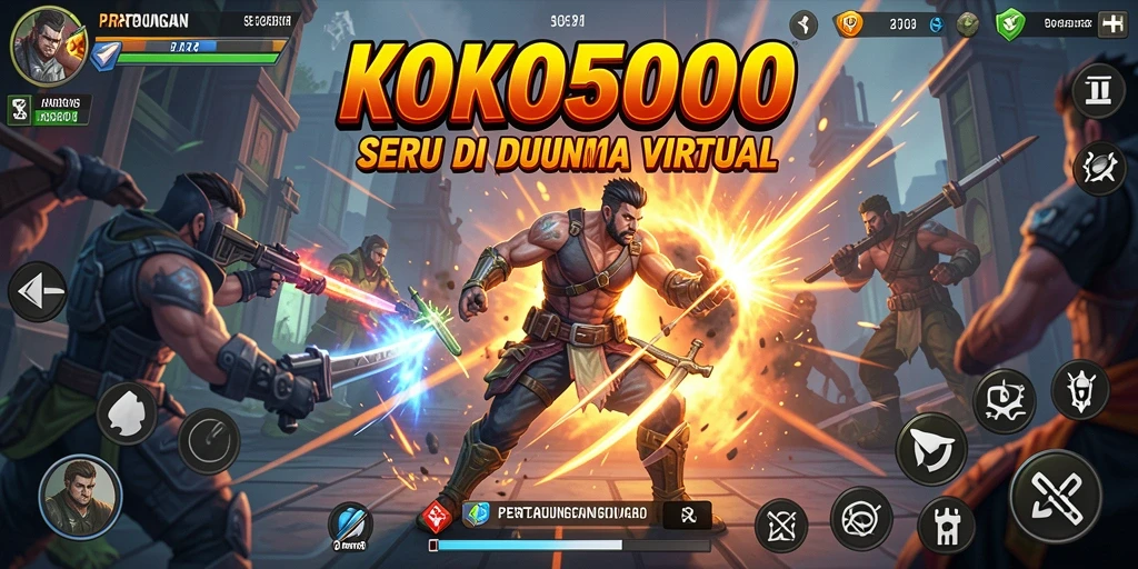 Tangkapan layar KOKO5000 menunjukkan karakter bertarung dalam arena yang dinamis.