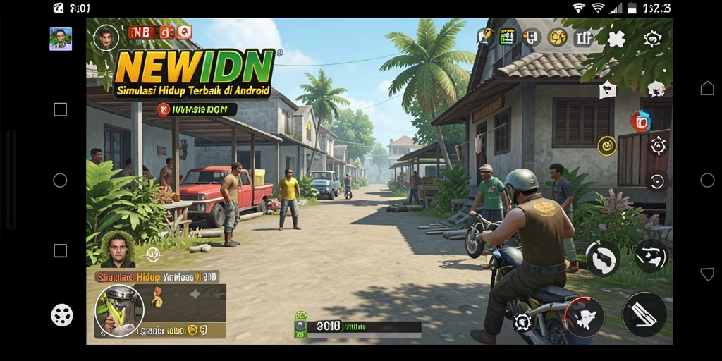 Screenshot gameplay NEWIDN menampilkan berbagai aktivitas dalam simulasi kehidupan.