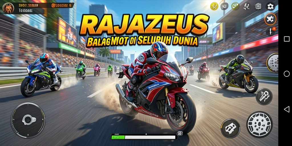 Screenshot gameplay RAJAZEUS menampilkan balapan motor yang seru dan mendebarkan.