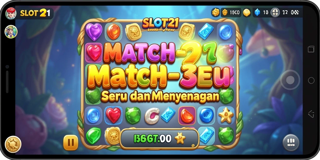 Tampilan screenshot SLOT21 yang menampilkan gameplay Match-3 yang seru dan penuh warna.