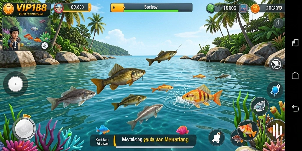 Tampilan gameplay seru dan berwarna dari VIP188 saat memancing.