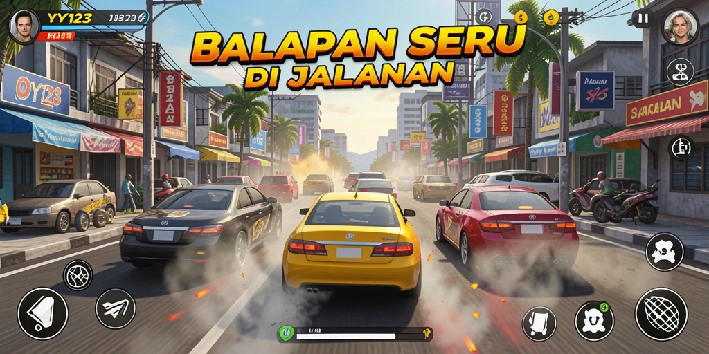 Tampilan gameplay balapan seru di YY123 dengan mobil kencang.