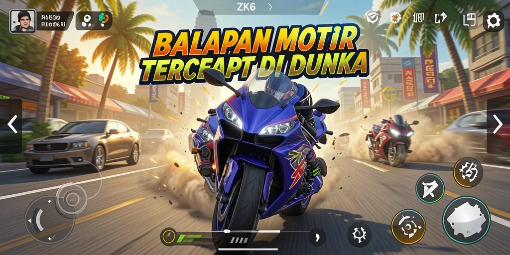 Tangkapan layar ZK6 menampilkan aksi balapan motor yang mendebarkan.